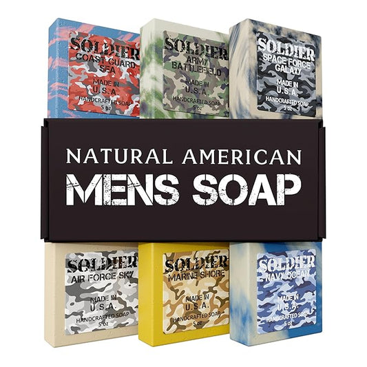 NATURAL AMERICAN Mens Organic Bar Soap, Masculine Scents, 100% Natural Soap for Men - Essential Oils, Organic Shea Butter Natural Body Soap, Natural Bar Soap for Men - SOLDIER Body Soap 5 oz (6pk)