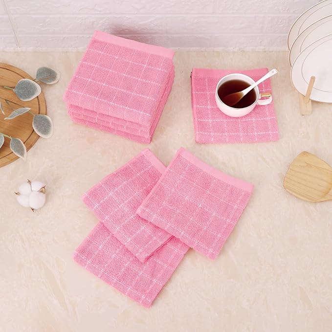 Mordimy 100% Cotton Terry Cloth Dish Cloths, Soft and Absorbent Checkered Dish Towels, Quick Drying Dish Rags for Washing Dishes, 8 Pack, 12 x 12 Inches, Pink