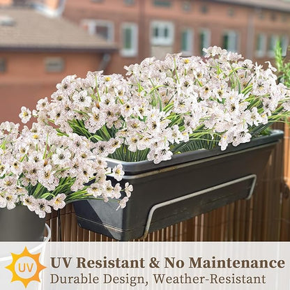 24 White Bundles Artificial Flowers for Outdoors/Indoors Fake Flowers Plants for Indoor Outside Garden Porch Window Box Home Wedding Farmhouse