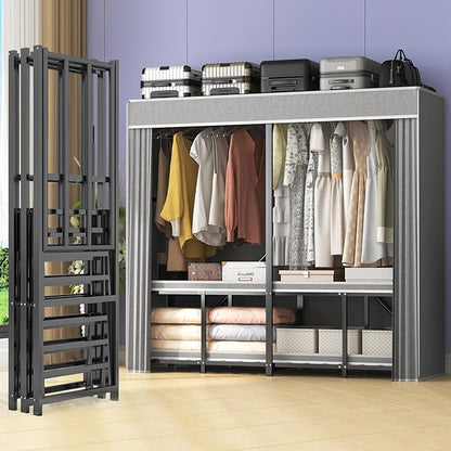 95% Assembeld Heavy Duty Clothes Rack, 66" L Premium Metal Strong Garment Rack with Cover, Portable Foldable Freestanding Clothes Racks for Hanging Clothes, Black