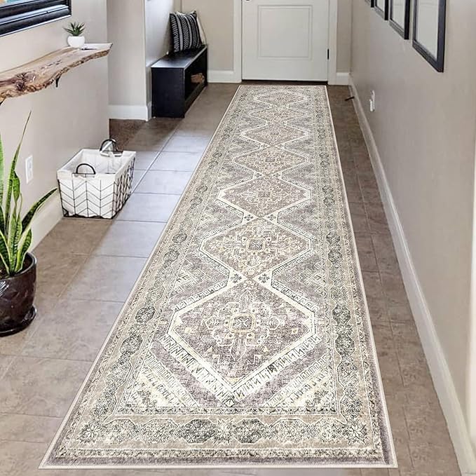 KUTA Vintage Washable Runner Rug 2.6x12, Non-Slip Hallway Kitchen Rugs with Rubber Backing, Ivory Grey Yellow Brown Ultra Soft Printed Oriental Distressed Carpet Long Runners for Living Room