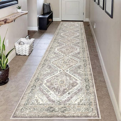 KUTA Vintage Washable Runner Rug 2.6x12, Non-Slip Hallway Kitchen Rugs with Rubber Backing, Ivory Grey Yellow Brown Ultra Soft Printed Oriental Distressed Carpet Long Runners for Living Room