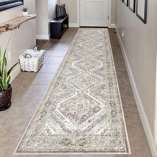 KUTA Vintage Washable Runner Rug 2.6x12, Non-Slip Hallway Kitchen Rugs with Rubber Backing, Ivory Grey Yellow Brown Ultra Soft Printed Oriental Distressed Carpet Long Runners for Living Room