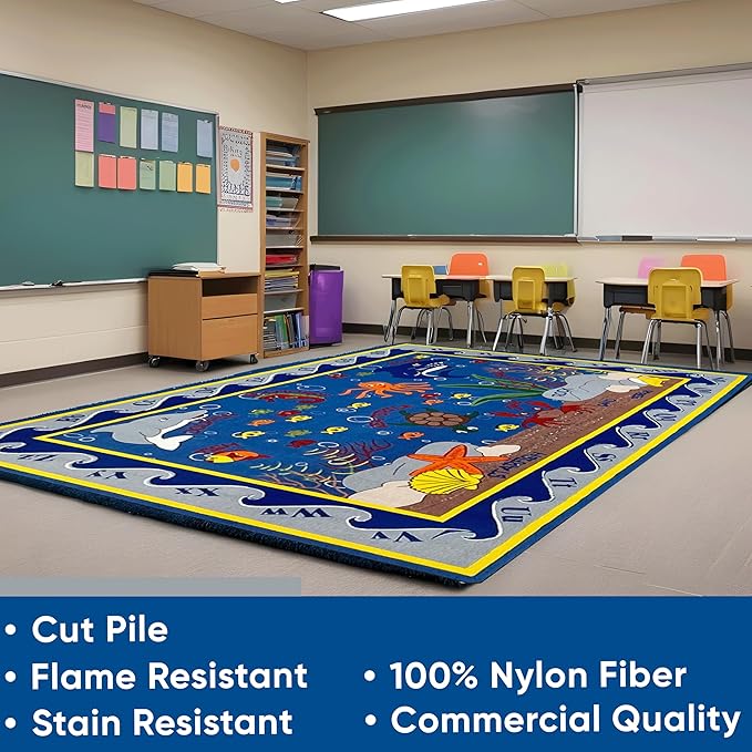Fish in The Sea Educational Rug, 6' x 8'6" Rectangle, Educational Classroom Rug, Kids Learning Play Mat | Area Rug for Bedroom or Playroom