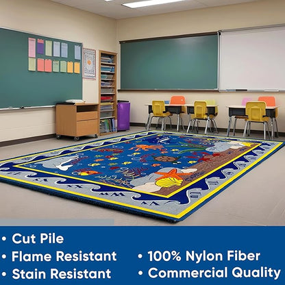 Fish in The Sea Educational Rug 7'6" x 12' Rectangle, Alphabet Nursery Area Rug for Kids | Learning Rug for Children's Classroom | Kids Playroom Rug | School Carpet for Kids
