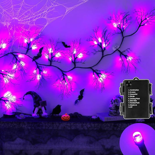 6 FT Halloween Black Garland Willow Vine Twig Decor with Orange & Purple Light, 8 Modes & Timer Battery Operated Waterproof Halloween Decorations Indoor for Mantle Fireplace Home Party Decor