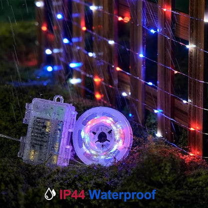 JMEXSUSS 2 Pack Red White and Blue Fairy Lights Battery Operated, Total 200 LED 66ft Battery Powered Twinkle Light with Remote, 8 Modes Red White and Blue String Lights for 4th of July Decorations