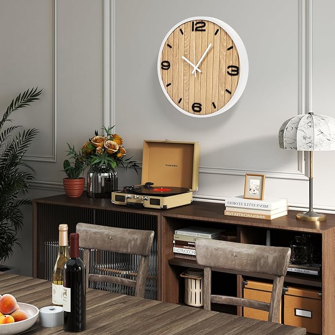 Round Wall Clock Battery Operated, Modern Wooden Small Analog Clocks 12 Inch Silent Non-Ticking for Home, Office, Apartment, Living Room, Bathroom, Kitchen, Bedroom