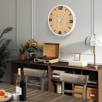 Round Wall Clock Battery Operated, Modern Wooden Small Analog Clocks 12 Inch Silent Non-Ticking for Home, Office, Apartment, Living Room, Bathroom, Kitchen, Bedroom