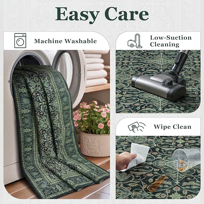 Jainmy Dark Green 2x3 Small Rugs for Entryway, Washable Non Slip Door Mat Indoor Entrance, Vintage Boho Floral Moroccan Printed Entry Rugs for Inside House Kitchen Bathroom, Low Pile Ultra Thin Soft