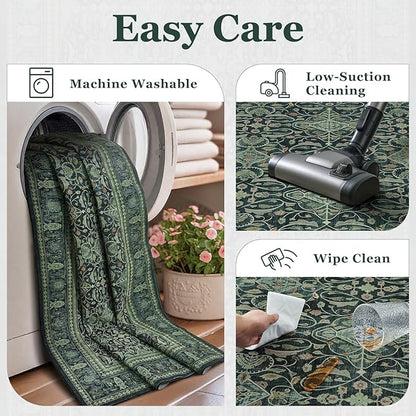 Jainmy Dark Green 2x3 Small Rugs for Entryway, Washable Non Slip Door Mat Indoor Entrance, Vintage Boho Floral Moroccan Printed Entry Rugs for Inside House Kitchen Bathroom, Low Pile Ultra Thin Soft