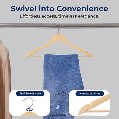 SereneLife Solid Wooden Hangers, Mega Pack, 50 Pieces Hangers for Clothes, Heavy Duty Suit Hanger Set with Chrome 360 Degree Swivel Hook, Notched Design, Natural Wood Color