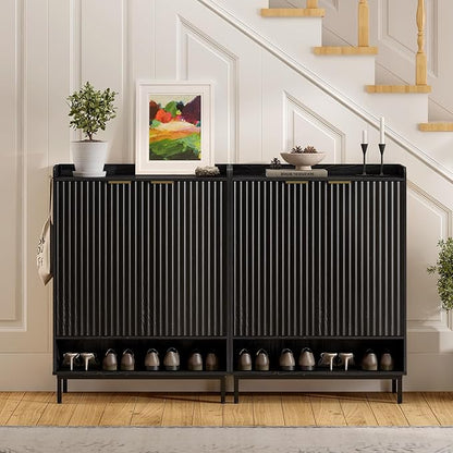Fluted Shoe Cabinet with Doors, Large Wooden Shoe Storage Cabinet with Hanging Rod, Modern Tall Freestanding Shoe Rack Organizer for Entryway, Hallway Black