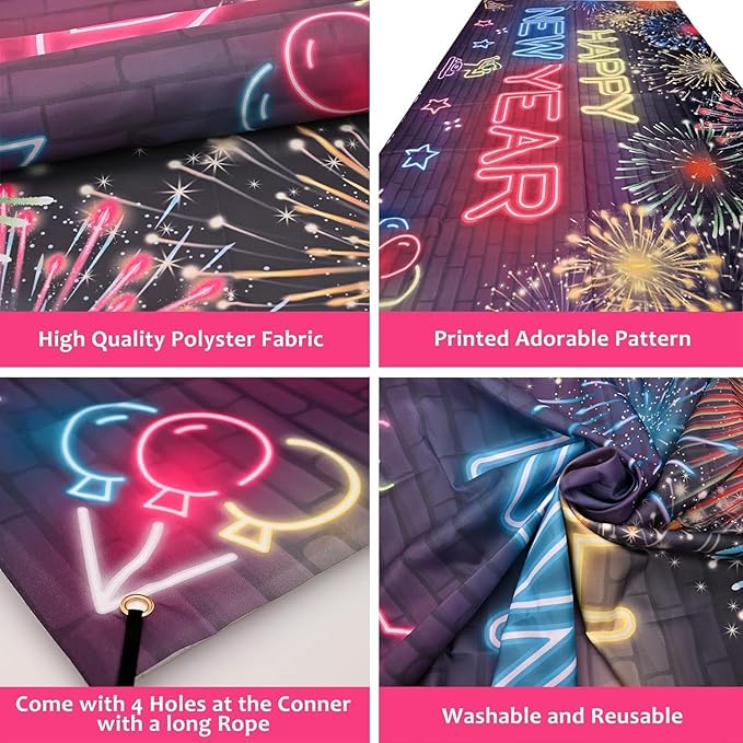 KatchOn, XtraLarge Neon Happy New Year Banner - 72x44 Inch | Neon New Year Backdrop 2026 | New Years Decorations 2026 | NYE Eve Banner For NYE Decorations 2026 | New Years Eve Party Supplies 2026