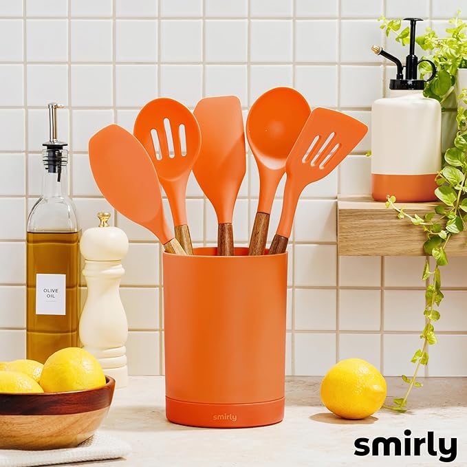 Silicone Kitchen Utensils Set & Holder: Cooking Utensils Set - Kitchen Essentials for New Home & 1st Apartment- Silicone Spatula Set, Cooking Spoons for Nonstick Cookware (Acacia Wood, Oange)