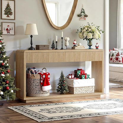 Evermagin 59'' Oak Entryway Table with Drawers, Boho Fluted Console Table, Sofa Table with Storage for Living Room, Entrance, Hallway