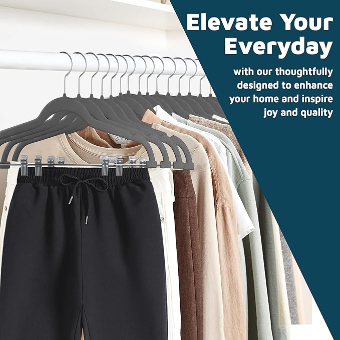 Velvet Skirt Hangers – with Adjustable Clips, 360 Degree Swivel Hook, and Non-Slip Shoulder Notch, Holds Up to 10 lbs, for Organizing Skirt, Pants, Dress, and Clothes, Pack of 50, Gray
