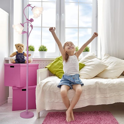 HMVPL Purple Floral Floor Lamp, Girls Flower Floor Lamp for Bedroom, Cute Lotus Standing Lamp with 2 LED 5W Blubs, Foot Switch, Unique Flower Tall Lamp for Living Room Kids Nursery Bedside Corner