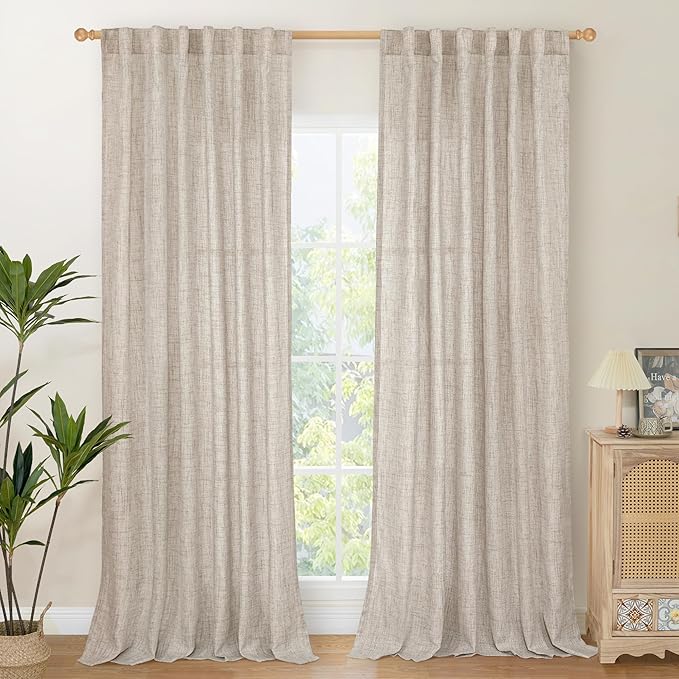 YoungsTex 84 Inch Length Natural Linen Curtains for Living Room Windows 2 Panels - Light Filtering Drapes with Rod Pocket Back Tab Semi Sheer Privacy for Dining Bedroom, 52 X 84 Inch