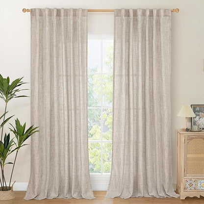 YoungsTex 84 Inch Length Natural Linen Curtains for Living Room Windows 2 Panels - Light Filtering Drapes with Rod Pocket Back Tab Semi Sheer Privacy for Dining Bedroom, 52 X 84 Inch