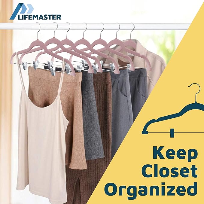 Velvet Pants Hangers – with Adjustable Clips, 360 Degree Swivel Hook, and Non-Slip Shoulder Notch, Holds Up to 10 lbs, for Organizing Skirt, Pants, Dress, and Clothes, Pack of 50, Pink