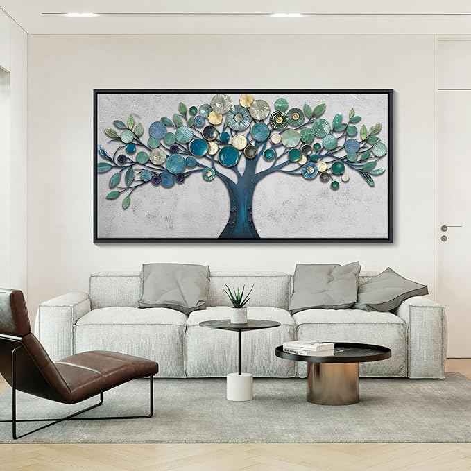 CHATYOUNG Large Wall Art Office - Framed Blue Gold Leaves Gray Background Canvas Print Nature Wall Paintings Artwork for Living Room Bedroom Office Kitchen Home Wall Decor 58"x29"