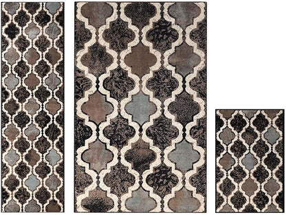 Superior Viking 3 Piece Indoor Area Rug Set, Jute Backing, Modern Trellis Decor for Hallway, Entry, Office, Kitchen, Bedroom, Living Room Floors, Plush Rugs, 2' 7" x 8', 2' x 3', 5' x 8', Chocolate