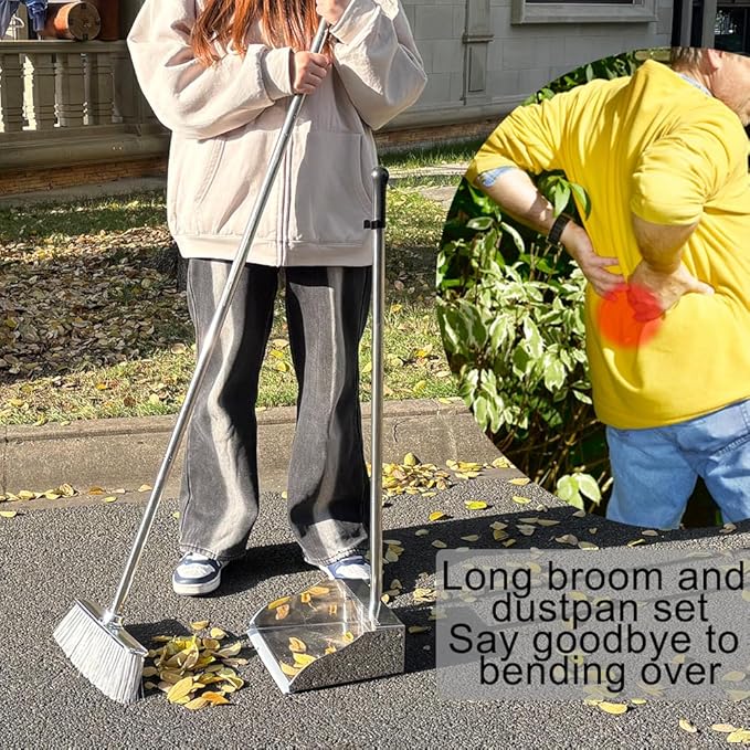 Metal Dustpan with Soft Bristles Broom Heavy Duty Stainless Steel Upright Standing Dust Pan and Broom for Sweeping Indoor Outdoor Home Kitchen Office Lobby Hardwood Floor Cleaning