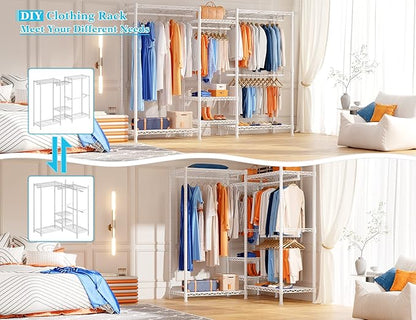 Raybee Clothes Rack Heavy Duty Clothing Racks for Hanging Clothes Adjustable Hanging Clothes Rack Garment Rack, White, 13.9" D x 70.6" W x 77" H