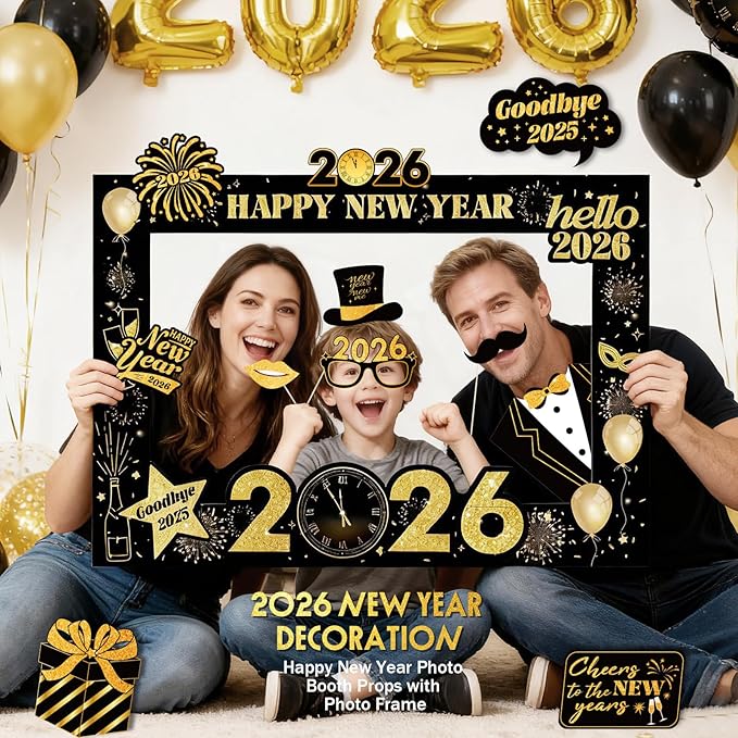 New Years Eve Party Supplies 2026 - Deluxe NYE Photo Booth Props Kit with Giant Glitter Photo Frame, 2026 Glasses (Pack of 20)