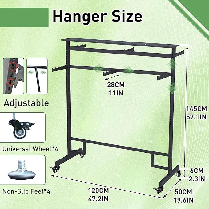 Retail Clothing Rack with wheels, 6 Arms Commercial Clothing Display, Height Adjustable Garment Rack, Free Standing Metal Clothing Rack, for Retail clothing store Home Laundry Room (black)