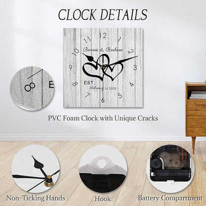 Personalized Couples Square Wall Clock with Name Date, Custom Farmhouse Wall Clock for Living Room Kitchen Bathroom, Home Decor Gifts for Christmas Birthday Valentine's Anniversary Wedding