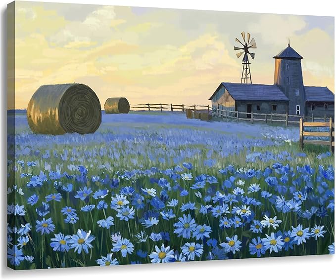 ARTZON Farmhouse Floral Wall Art – Rustic Bathroom Decor Artwork Horizontal Landscape Canvas Print, Barn Windmill with Blue Flower Daisies Field, Country Sunset Nature Scene Picture, Small 16x12 Inch