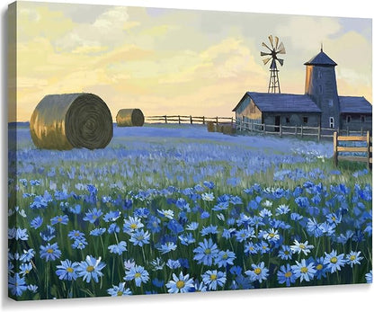 ARTZON Farmhouse Floral Wall Art – Rustic Bathroom Decor Artwork Horizontal Landscape Canvas Print, Barn Windmill with Blue Flower Daisies Field, Country Sunset Nature Scene Picture, Small 16x12 Inch