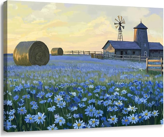 ARTZON Farmhouse Floral Wall Art – Rustic Bathroom Decor Artwork Horizontal Landscape Canvas Print, Barn Windmill with Blue Flower Daisies Field, Country Sunset Nature Scene Picture, Small 16x12 Inch