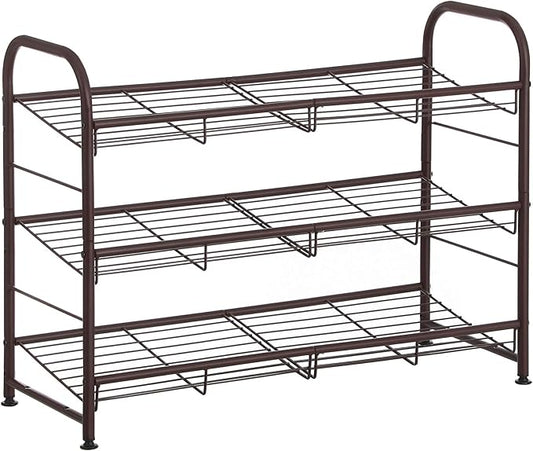 SONGMICS Shoe Rack, 3 Tier Shoe Organizer for Closet, Holds up to 12 Pairs of Shoes, Shoe Rack for Front Door Entrance, Metal Shoe Shelf with Adjustable Tilt Angle, for Entryway, Garage, Bronze