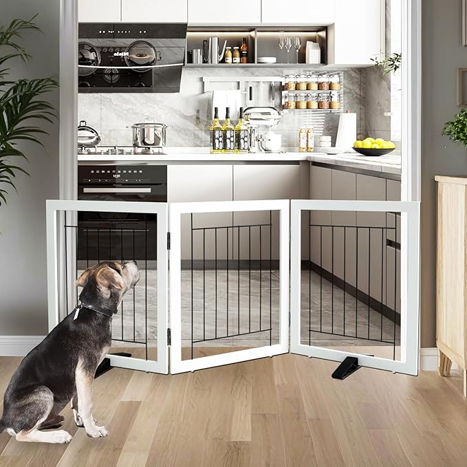 ZJSF Freestanding Dog Gate Indoor, Foldable Dog Fence for Doorways,Hallways or Stairs, Sturdy Wood Extra Wide Pet Gate with Support Feet,White