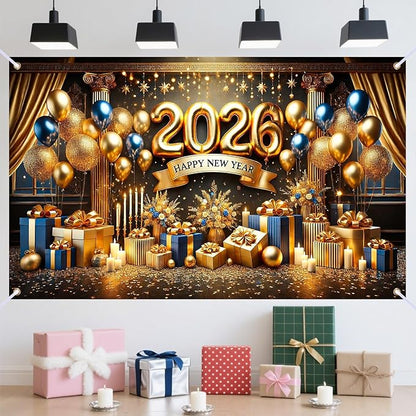 Nuxovilar Happy New Year Banner, 2026 Golden Chandeliers Backdrop for Party Decorations, 71x43 Inch
