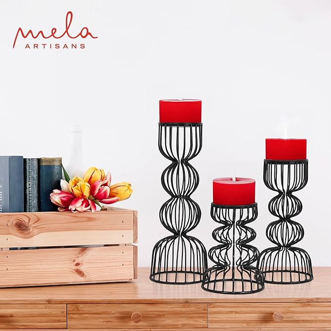 Lainon Candle Holders for Pillar Candles (Black, Set of 3) - Hand Crafted Black Metal Candle Holder Set - Metal Candle Holders Pillar for Table Centerpiece - Modern Candle Stand - 6", 9", 12"