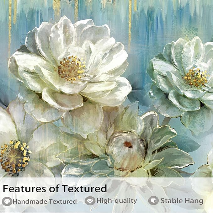 Ardemy Floral Canvas Wall Art Large Magnolia White Flowers Pictures Wall Decor Teal Textured Paintings Modern Turquoise Artwork for Living Room Bedroom Dinning Room Home Office, 48"x24"