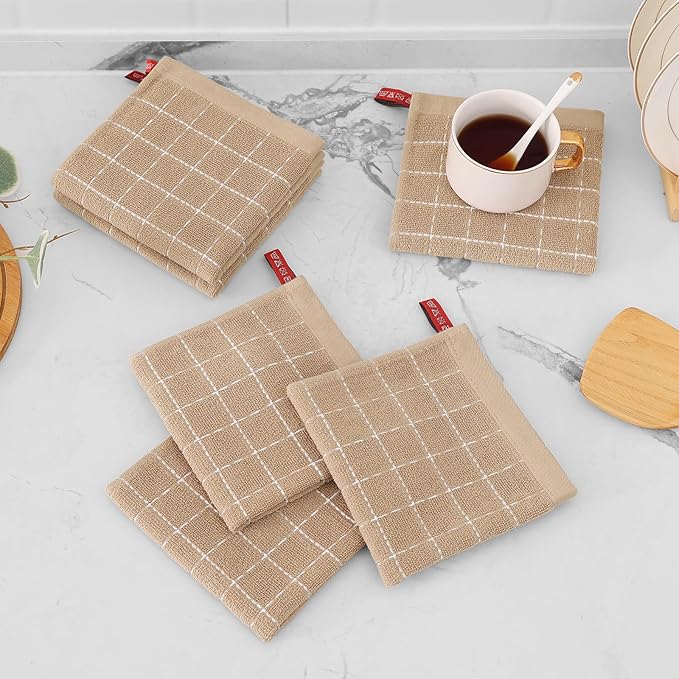 Mordimy 100% Cotton Terry Cloth Dish Cloths, Soft and Absorbent Checkered Dish Towels, Quick Drying Dish Rags for Washing Dishes, 8 Pack, 12 x 12 Inches, Tan