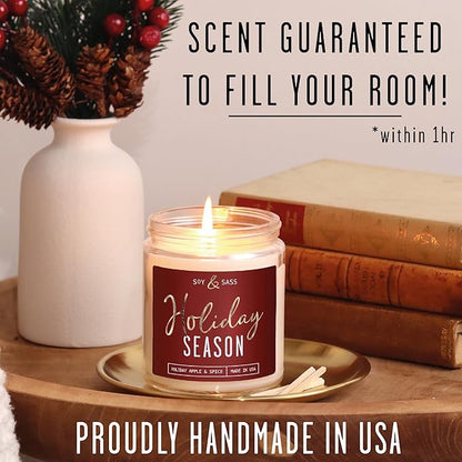 Holiday Candles, Christmas Candles Scented – ‘Holiday Season’ Soy Candle, w/Apple, Cinnamon & Clove - Infused with Essential Oils I Holiday Candle I 9oz, 50Hr, Made in USA