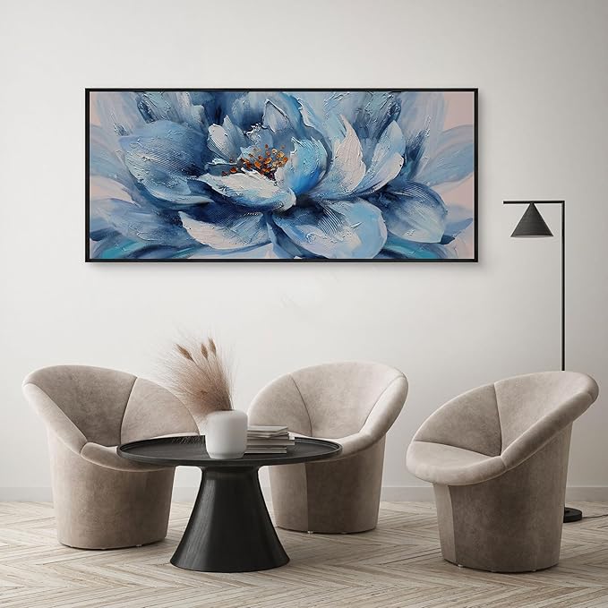 XLSJERST Large Flower Canvas Wall Art for Living Room - Blue and White Flower Picture Print Painting Wall Decor Framed Artwork Ready to Hang for Home Bedroom Wall Decoration Size 70x31 Inches