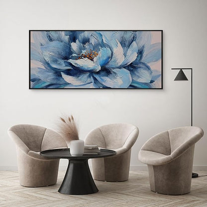 XLSJERST Large Flower Canvas Wall Art for Living Room - Blue and White Flower Picture Print Painting Wall Decor Framed Artwork Ready to Hang for Home Bedroom Wall Decoration Size 70x31 Inches
