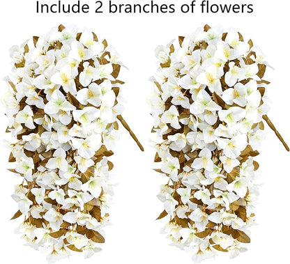 Bougainvillea Artificial Flowers Plants for Outdoors Outside Fall Autumn Decoration, 2 pcs Faux Silk Long Trailing Vines UV Resistant Look Real White Fake Flowers for Front Door Porch Planter Urn Yard