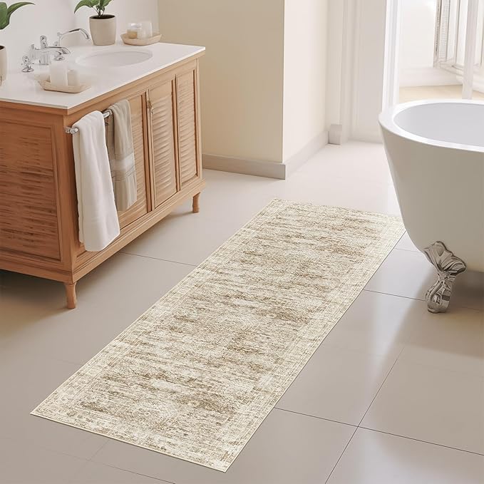 Long Bathroom Rugs Runner - Washable Runner Rugs for Hallway 2x10, Ultra-Thin Soft Kitchen Carpet Runner, Anti Slip Backing Runner Rugs for Entrance, Bedroom, Living Room(2'x10', Brown/Ivory)