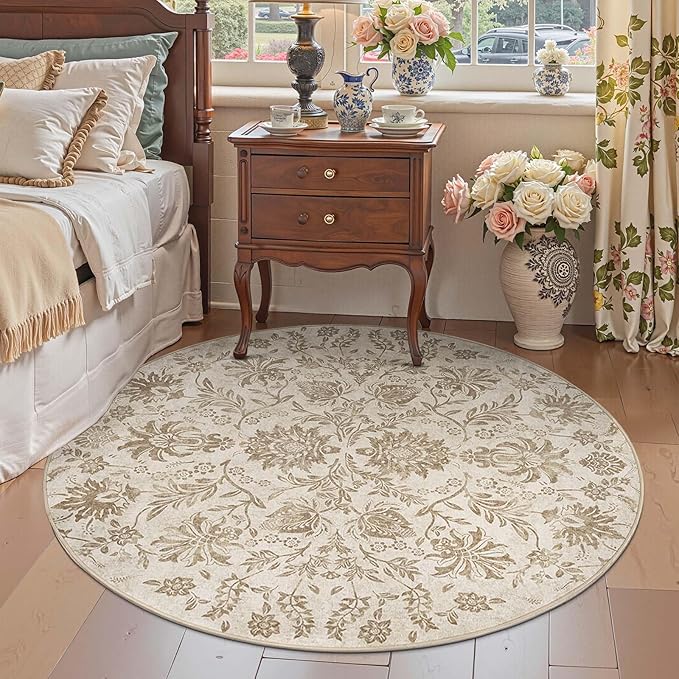 jinchan Classic Floral Round Rug 6ft, Vintage-Inspired Neutral Design 6’Circle Rug, Machine Washable Ultra-Thin Low-Pile Non-Slip Indoor Carpet for Bedroom Dining Room Living Room Entryway, Taupe