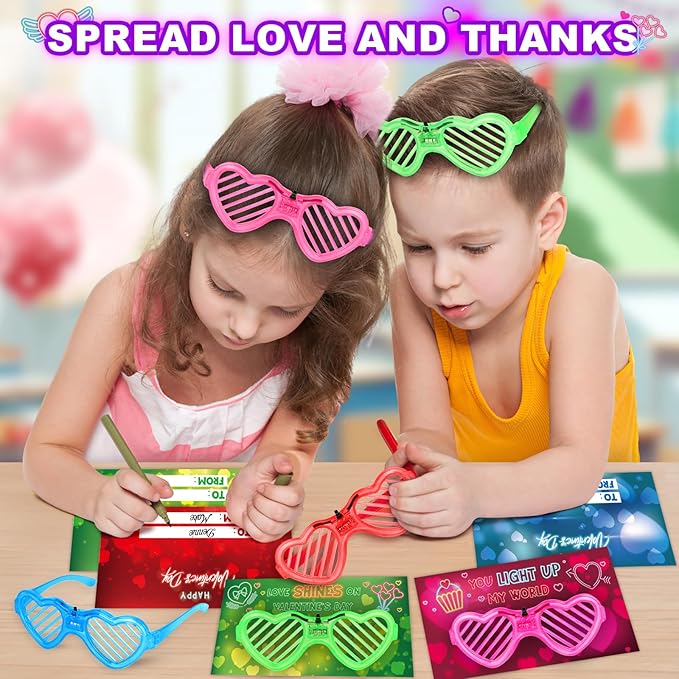 Shemira Valentines Cards for Kids Classroom, 24 Pack Valentines Day Cards with Light Up Glasses, Valentines Day Cards Gifts for Kids School Classroom Exchange, Valentines Gifts for School