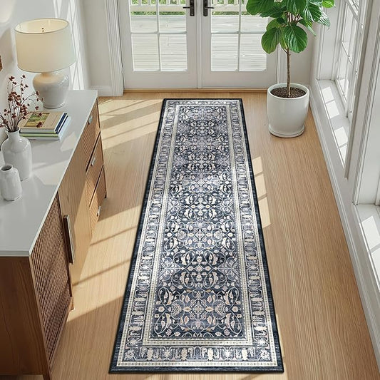Dark Blue 2x7 Runner Rug Non Slip, Floral Trellis Entryway Rugs for Inside House Mudroom, Kitchen Runner Rugs Non Skid Washable, Carpet Runner for Bathroom Laundry Room Bedroom Farmhouse