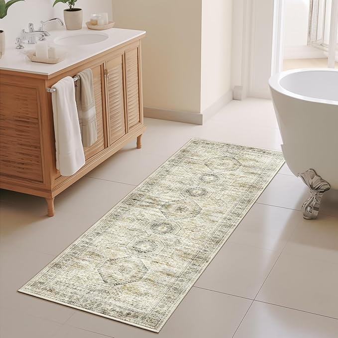Long Bathroom Rugs Runner - Washable Runner Rugs for Hallway 2x10, Ultra-Thin Soft Kitchen Carpet Runner, Anti Slip Backing Runner Rugs for Entrance, Bedroom, Living Room(2'x10', Grey/Yellow)